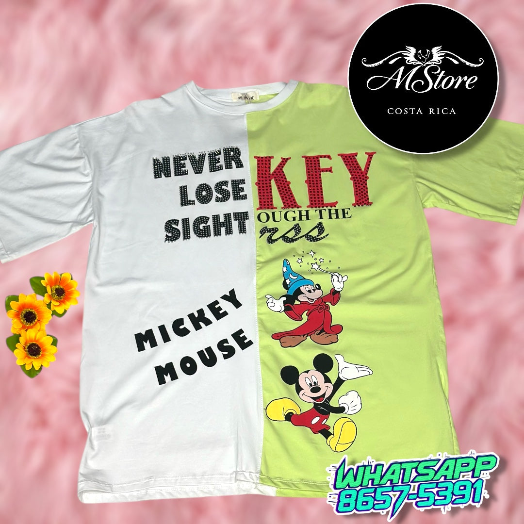 Blusón Oversize Mickey Mago Verde Limon blanco Tela Fría