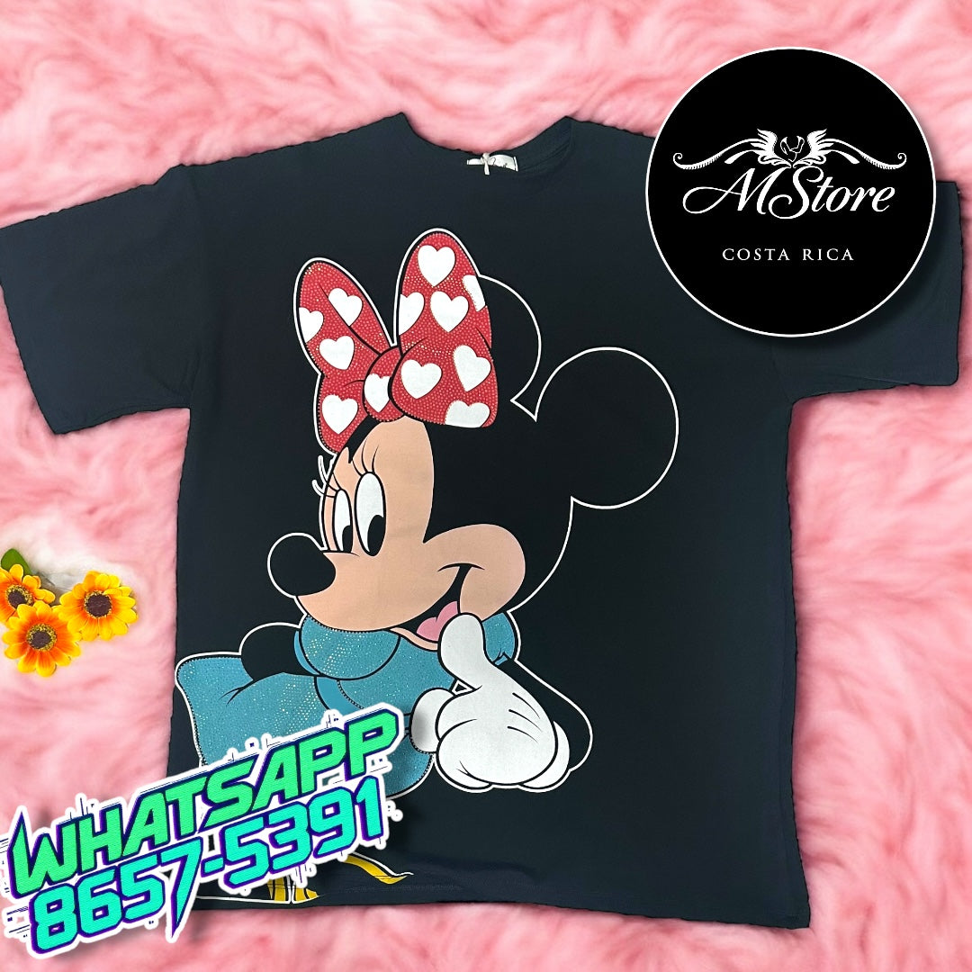Blusón Oversize Minnie Lazo Corazones negro Tela Fría