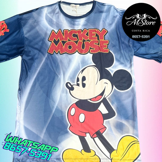 Blusón Oversize MMB  Mickey Pose Azul Tela Piel de Durazno