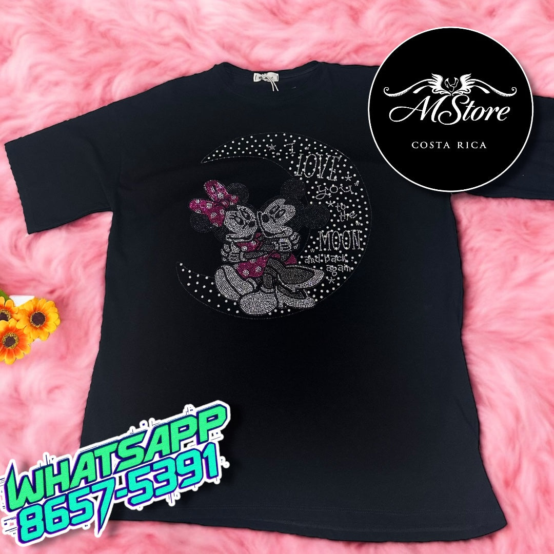 Blusón Oversize Minnie, Mickey Luna Ruteador Negro Tela Fria