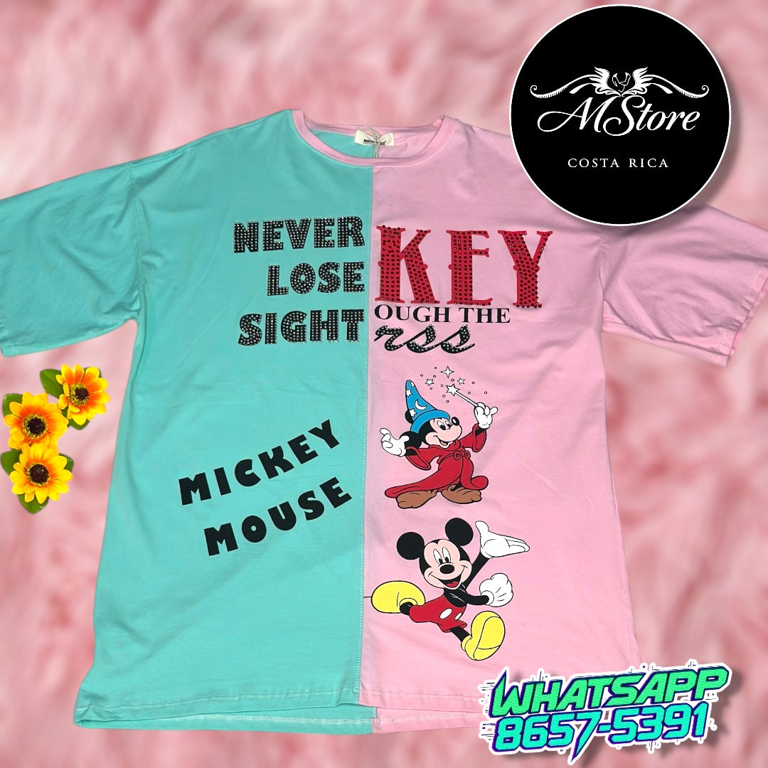 Blusón Oversize Mickey Mago Menta Rosa Tela Fría