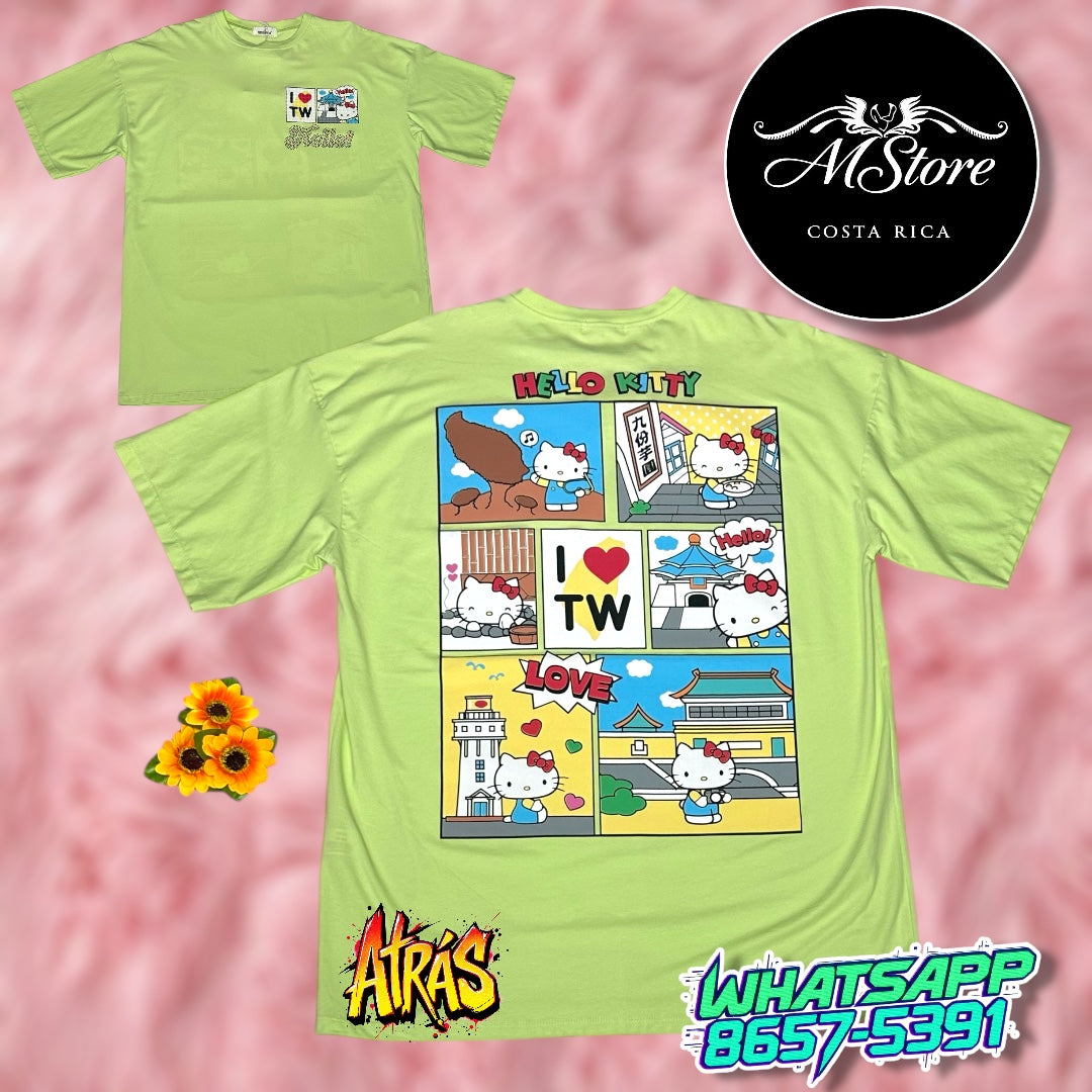 Blusón Oversize Hello Kitty Paseando Verde Limón Tela Fría