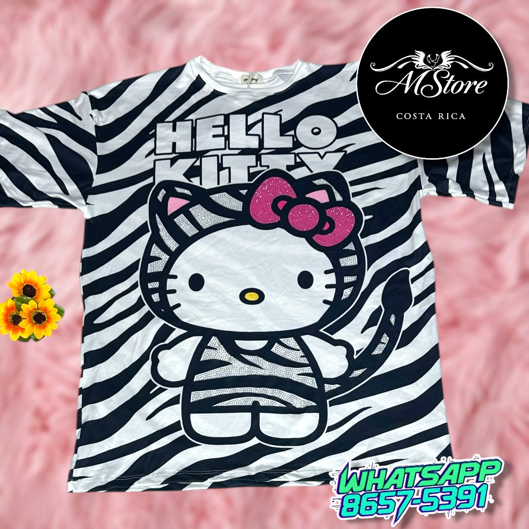 Blusón Oversize Hello Kitty Zebra Rayas Tela piel de Durazno
