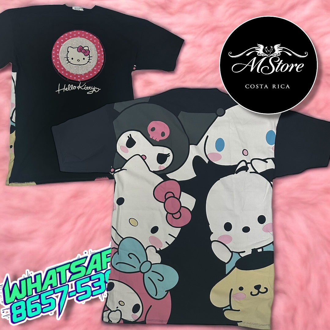 Blusón Oversize Hello Kitty Redonda amigos atras negra Tela Fría