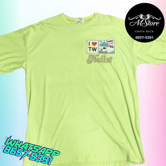 Blusón Oversize HKB Hello Kitty Atrás Verde Limon  Tela Fría