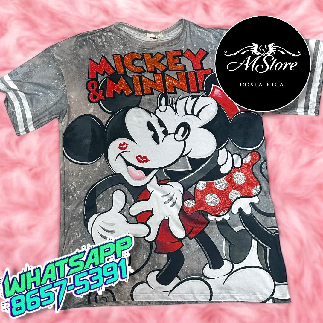 Blusón Oversize Minnie Mickey Beso Gris Tela Piel de Durazno