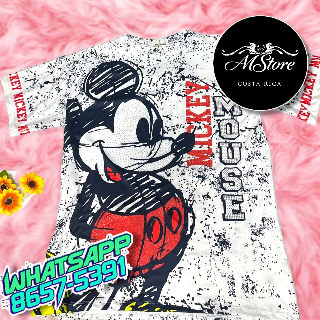 Blusón Oversize Mickey Blanco pintas Tela piel de durazno