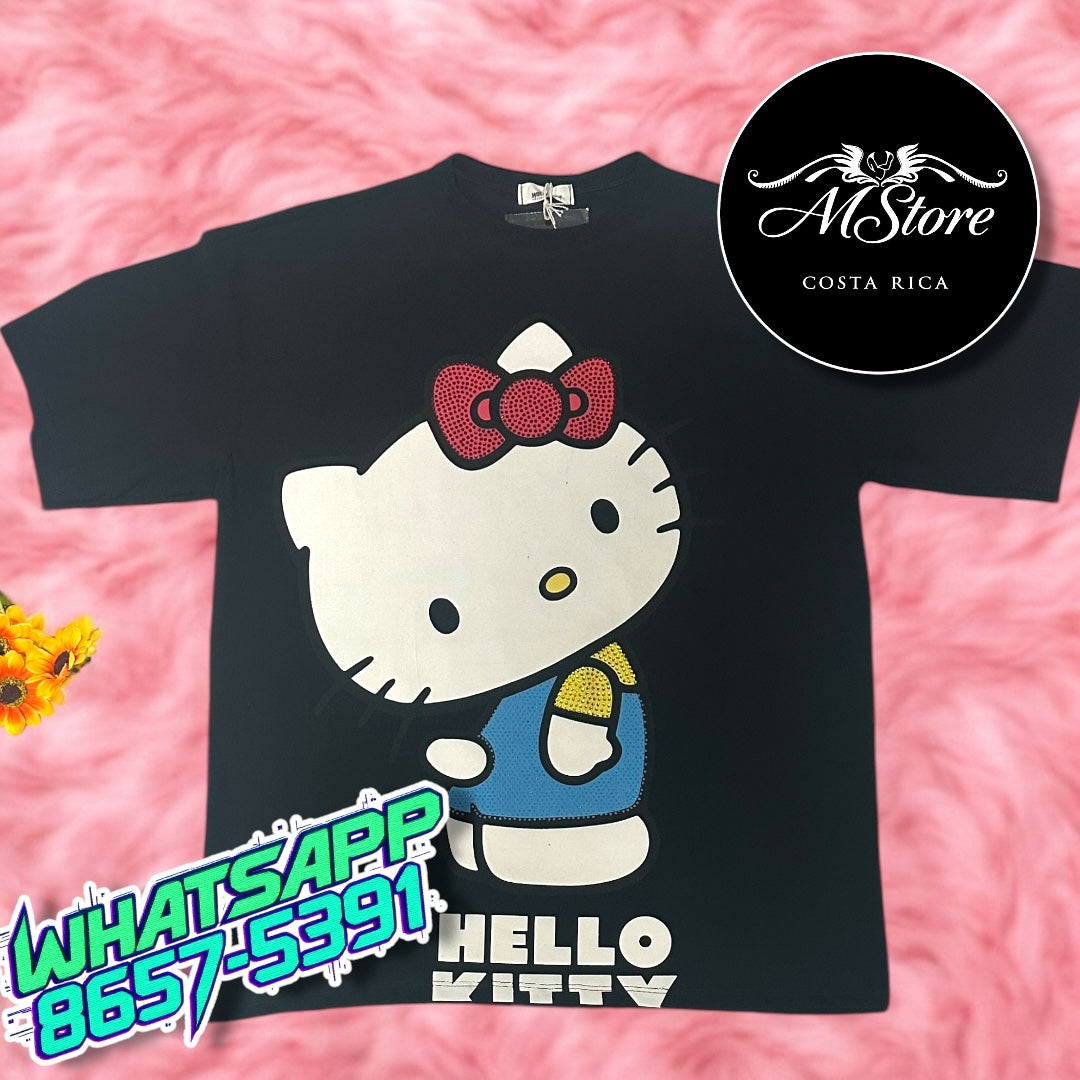 Blusón Oversize Hello Kitty Volviendo Cara Negro Tela Fría *