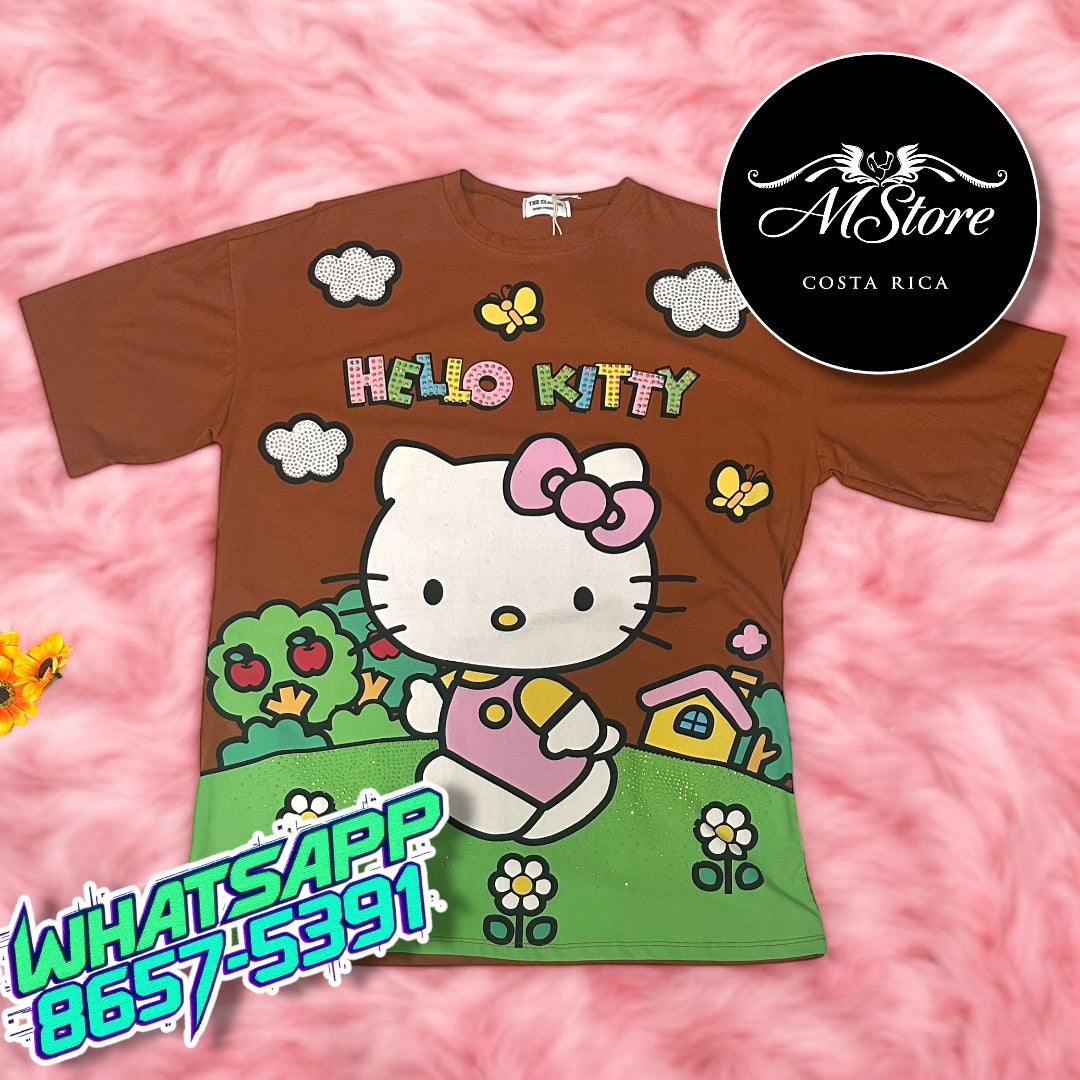 Blusón Oversize Hello Kitty Viajando Terracota Tela Fría