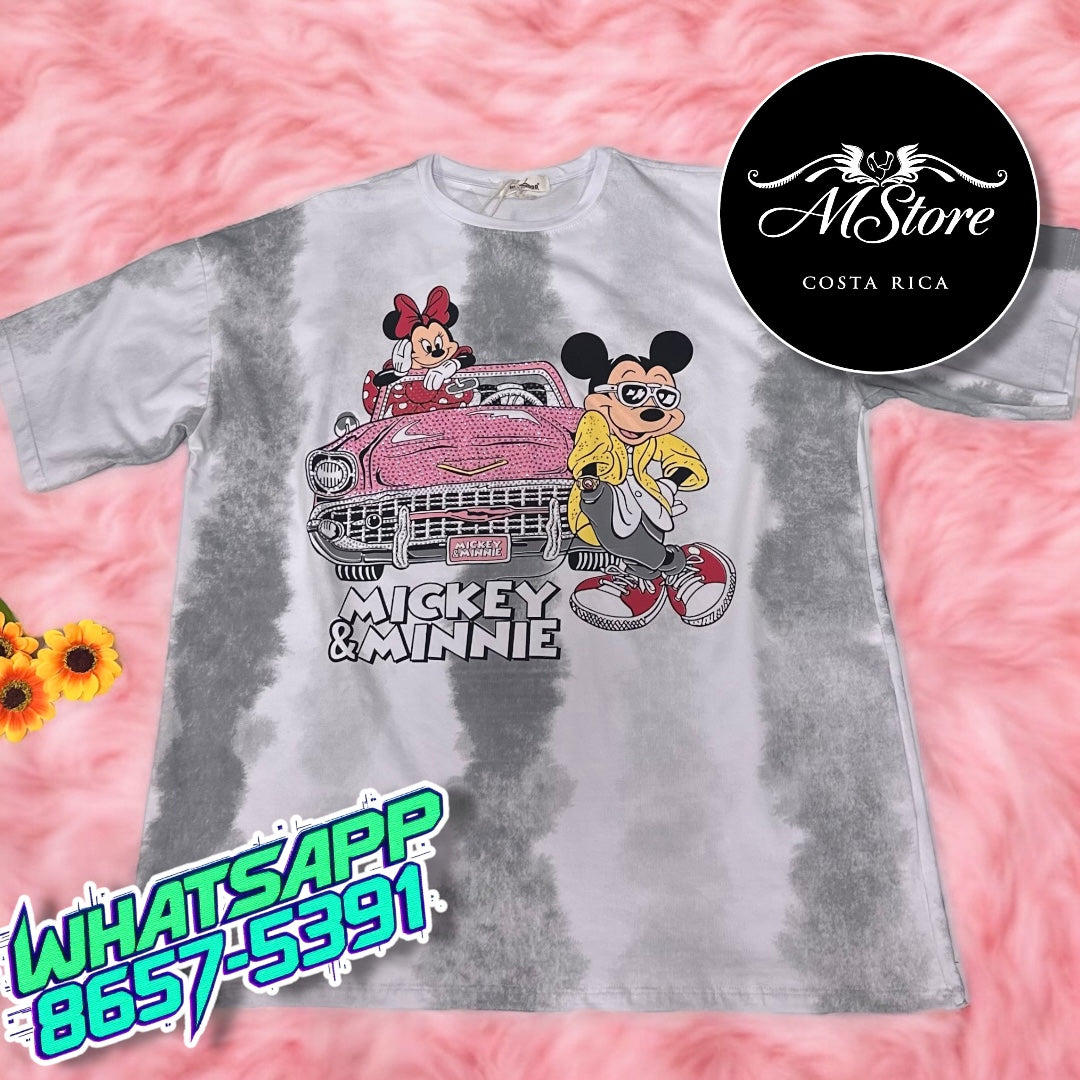 Blusón Oversize Minnie, Mickey Carro Gris Tela Fria