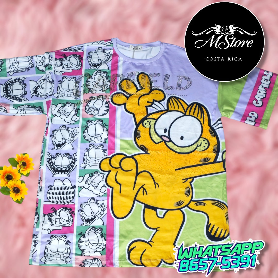 Blusón Oversize Garfield Saludando Tela Piel de Durazno