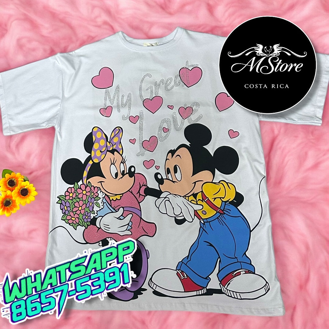 Blusón Oversize Minnie Mickey Love Panta Blanco Tela Fría