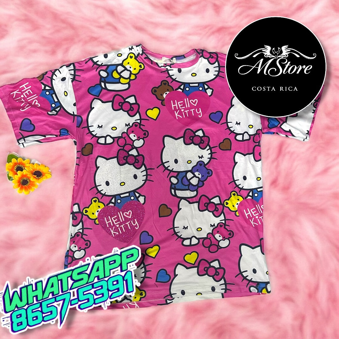 Blusón Oversize Hello Kitty Fucsia Tela piel de Durazno