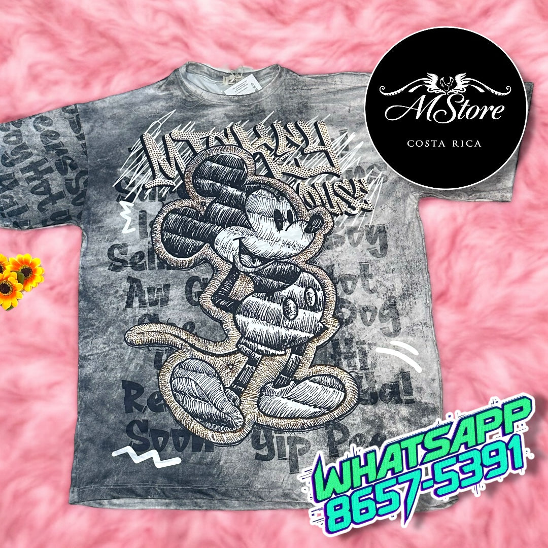 Blusón Oversize Mickey Gris Dorado Tela Piel de Durazno