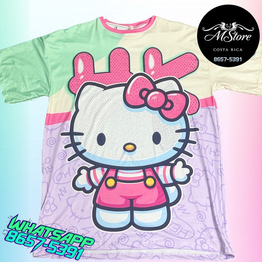 Blusón Oversize HKB Hello Kitty Verde/Lila/Beige Tela Piel de Durazno