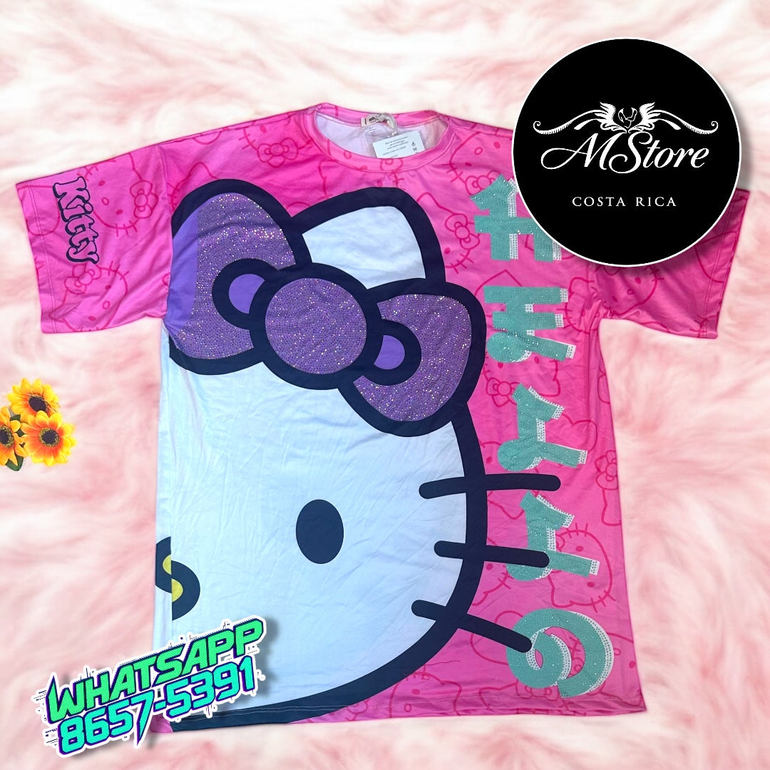 Blusón Oversize Hello Kitty Fucsia Carota Tela piel de Durazno