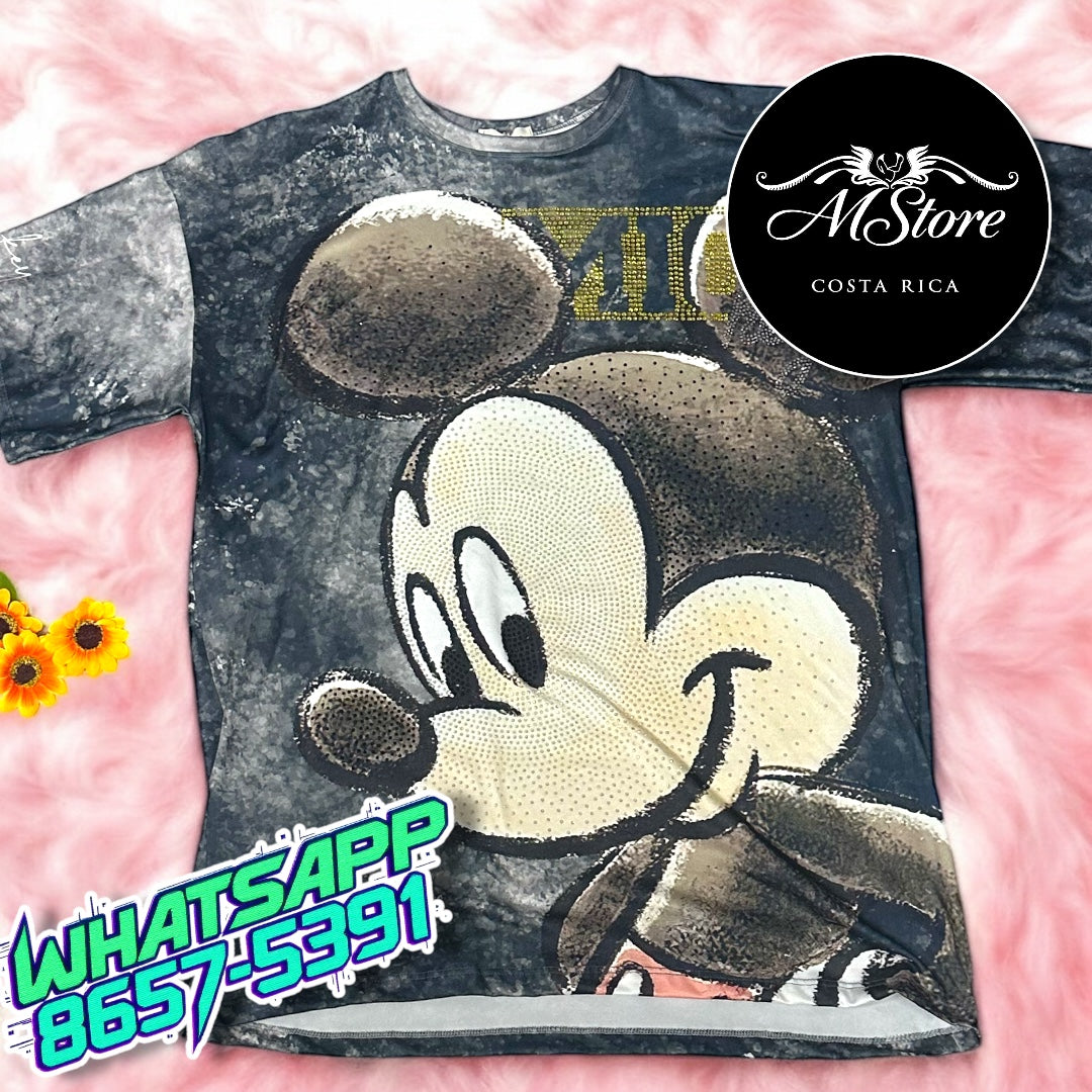 Blusón Oversize Mickey Orejotas Gris Tela Piel de Durazno