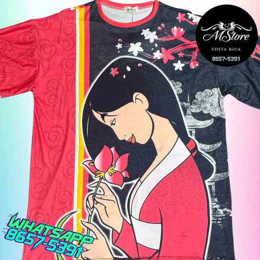 Blusón Oversize PRB Mulan Flor Rojo Negro Tela piel de durazno