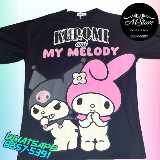 Blusón Oversize HKB Kuromi Melody Negro Tela Fría