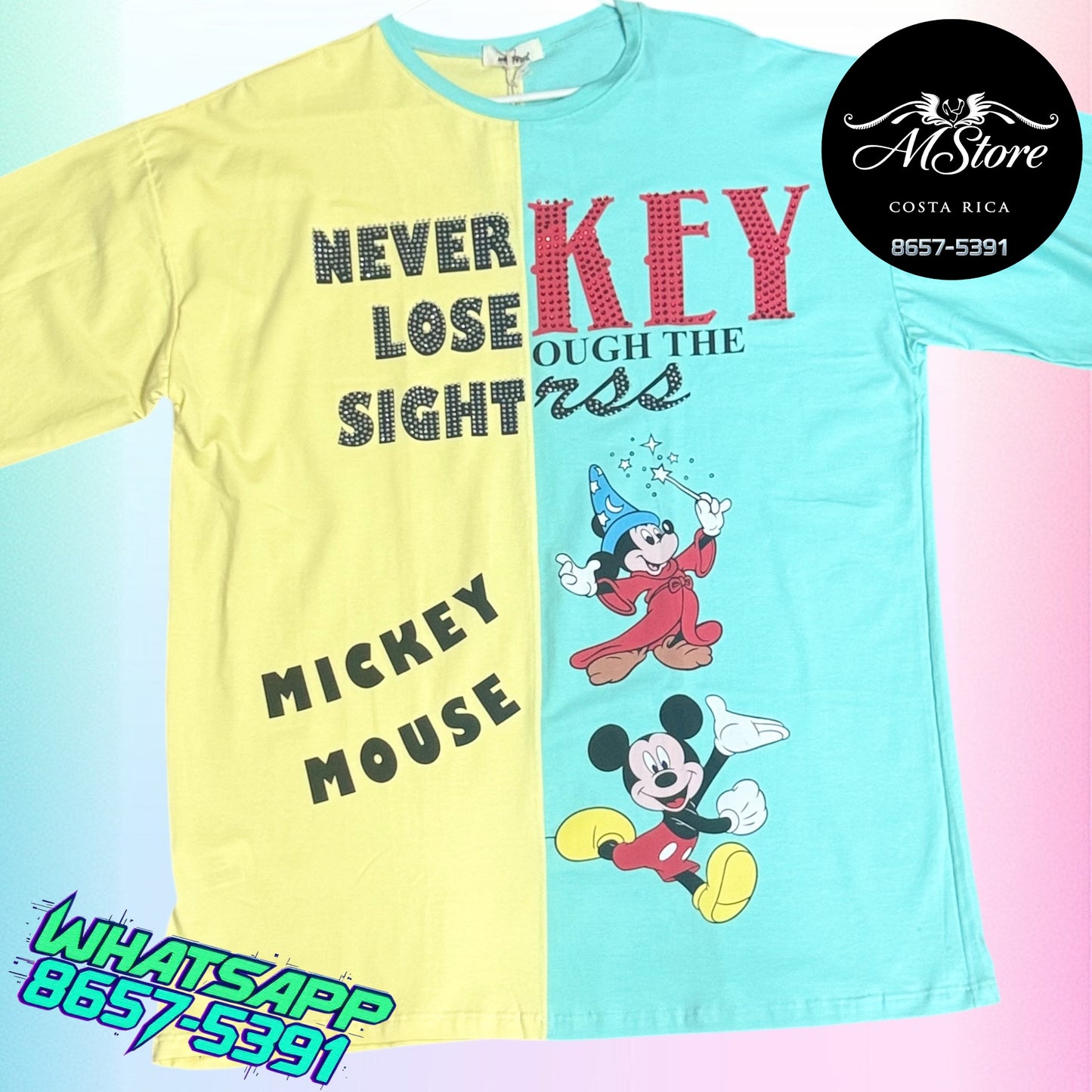 Blusón Oversize MMB Mickey Mango Amarillo/Verde Agua Tela Fria