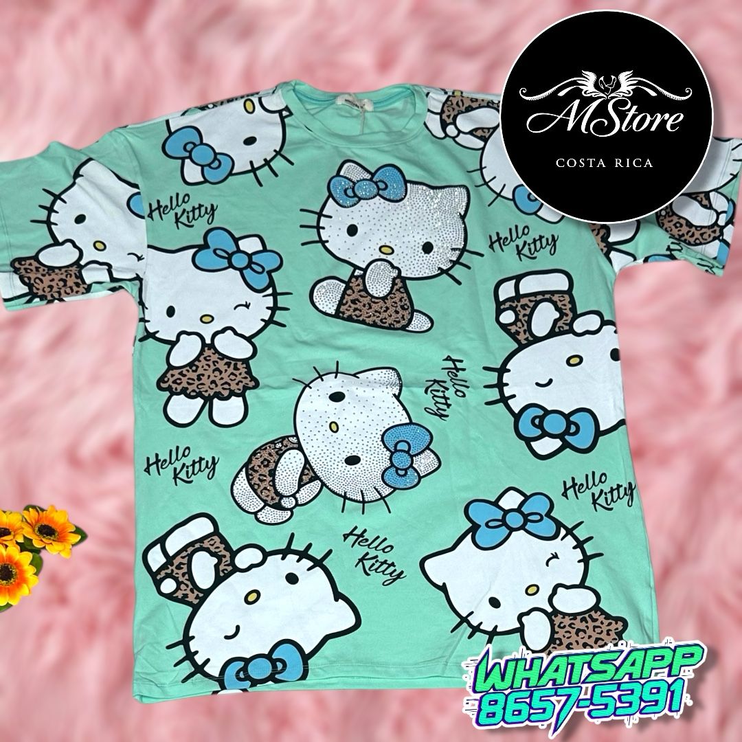 Blusón Oversize Kittys Sentados Menta Tela Fría