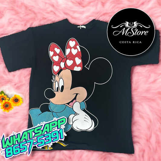 Blusón Oversize Minnie  Lazo Corazones negro Tela Fría