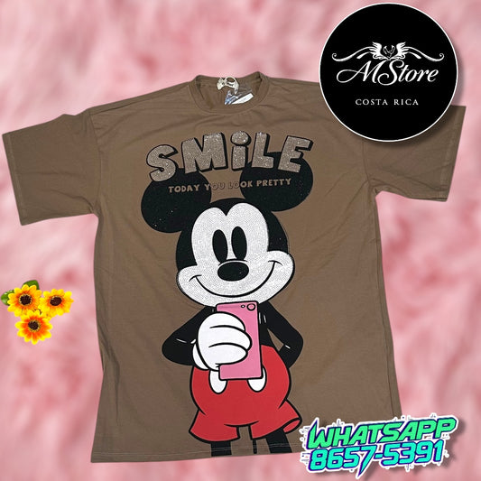 Blusón Oversize Mickey Smile Cafe Tela Fria