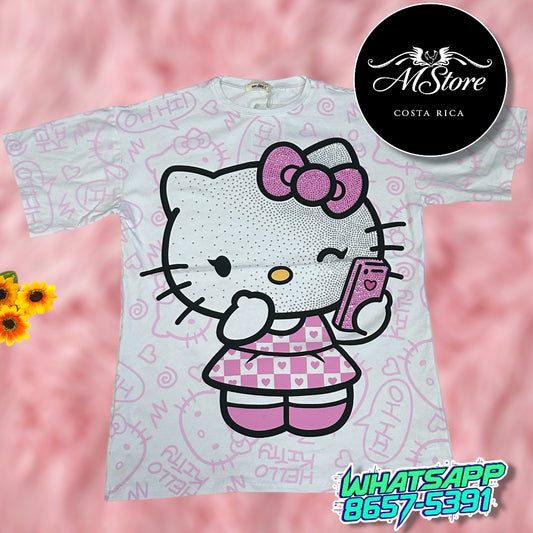 Blusón Oversize Kitty figuras blanco Tela Fria