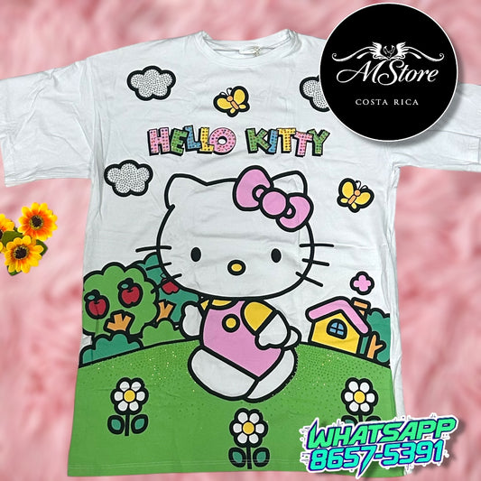 Blusón Oversize Hello Kitty Jardin Blanco Tela Fría