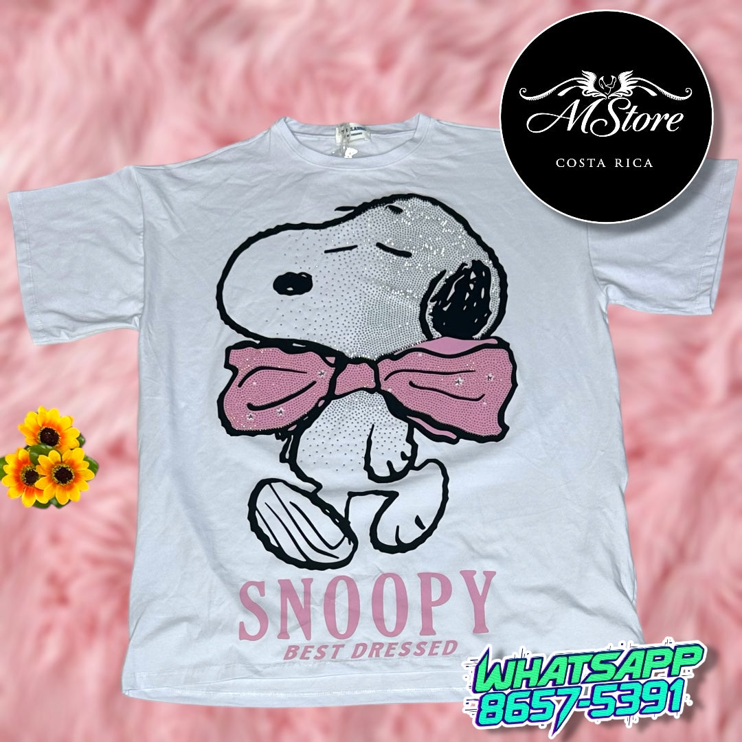 Blusón Oversize Snnopy Lazo Rosado Blanco Tela Fría