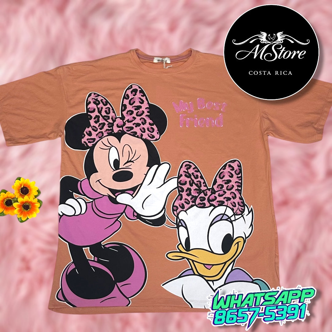 Blusón Oversize Minnie Daisy Chismiando Palo Rosa Tela Piel de Fría