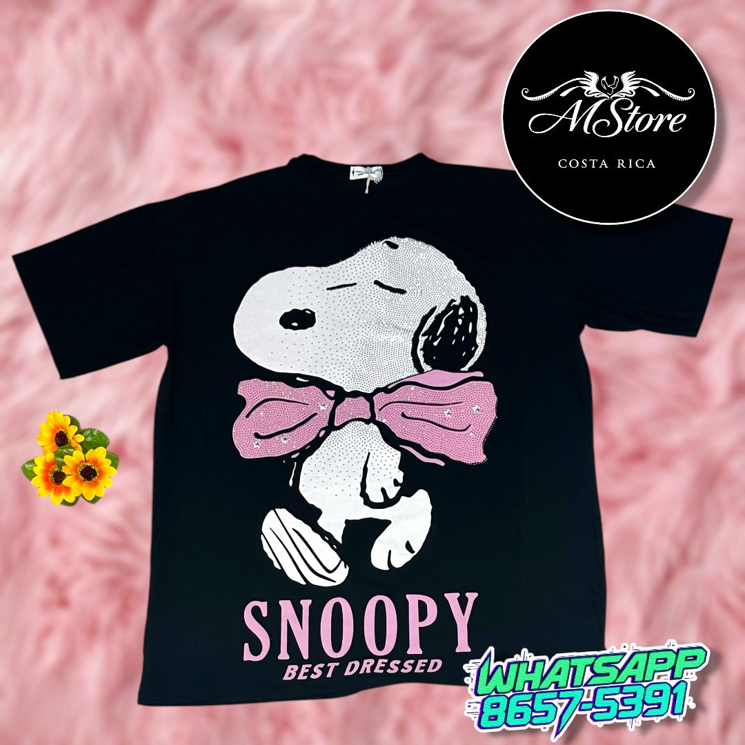 Blusón Oversize Snnopy Lazo Rosado Negro Tela Fría