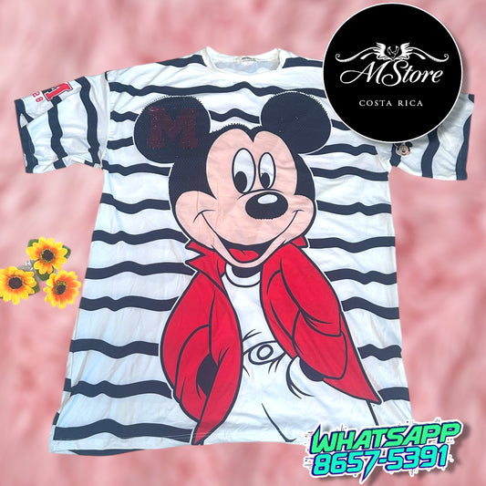 Blusón Oversize Mickey Rayas Rojo  Tela Piel de Durazno