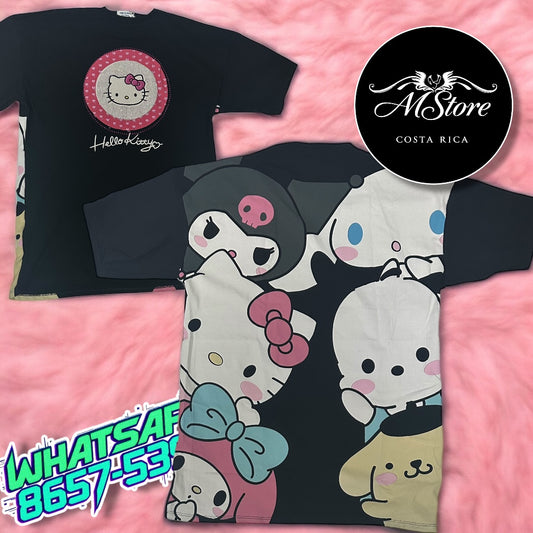 Blusón Oversize Hello Kitty Redonda amigos atras negra Tela Fría