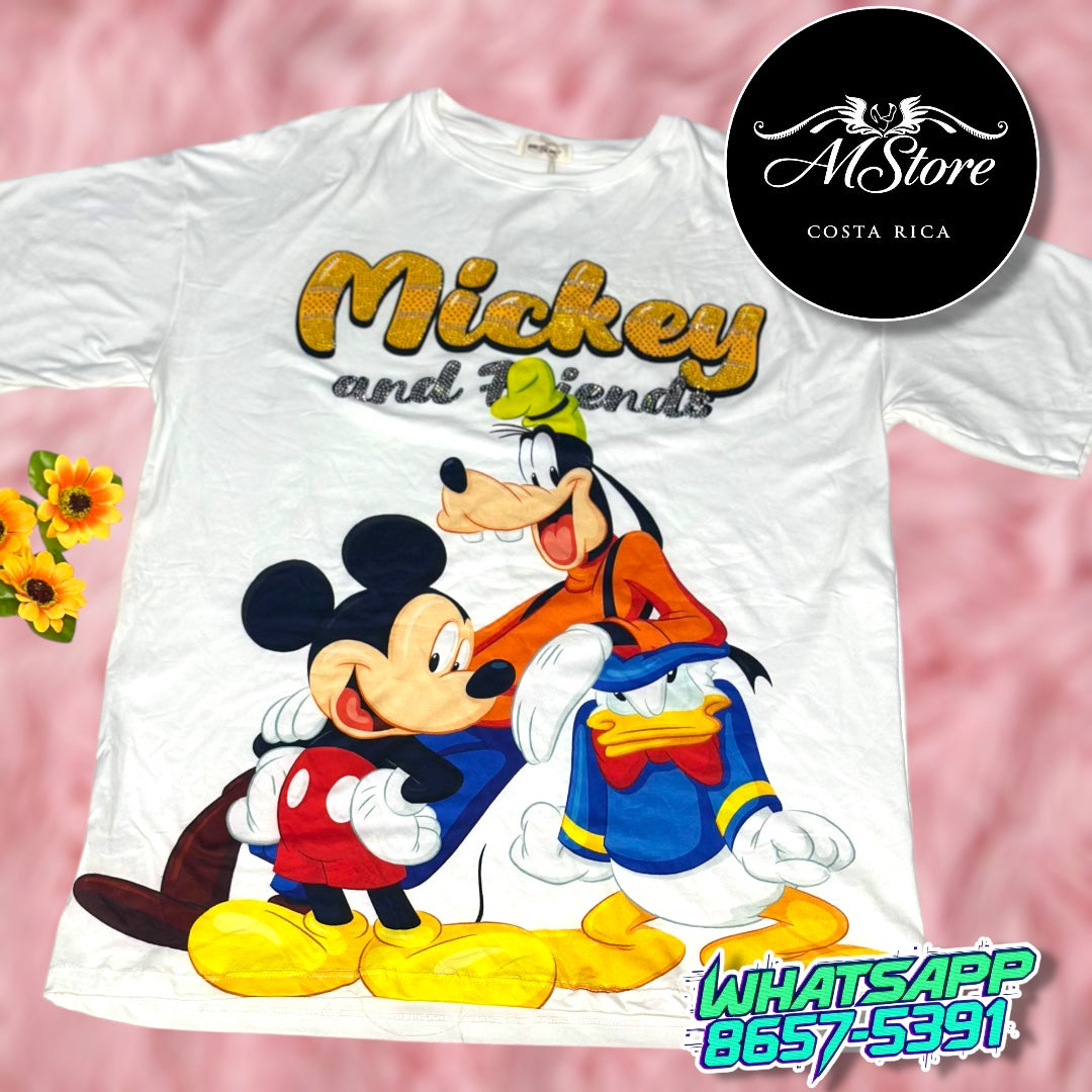 Blusón Oversize Donald Guffy Mickey Blanco Tela Piel de Durazno