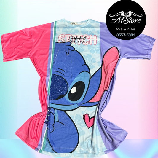 Blusón Oversize St Stitch Asomado Fucsia Celeste Tela Piel de durazno