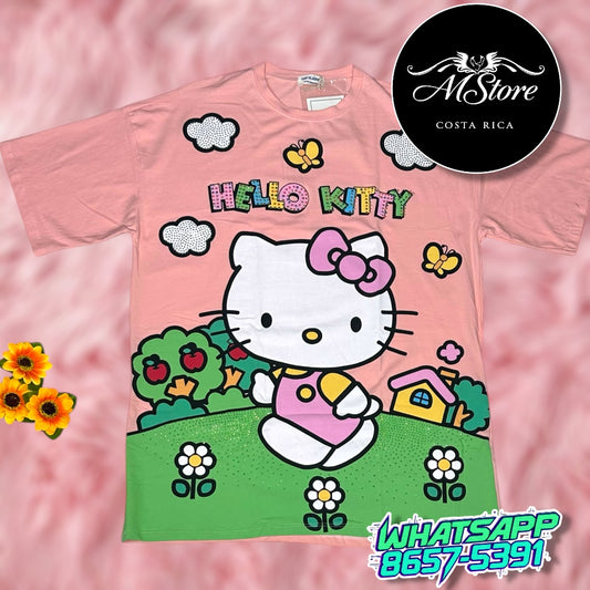 Blusón Oversize Hello Kitty Jardin Rosado Tela Fría