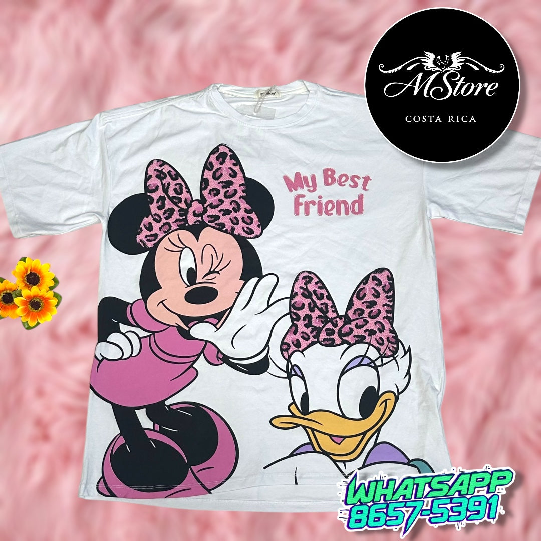 Blusón Oversize Minnie Daisy Chismiando Blanco Tela Piel de Fría