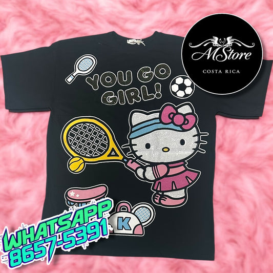Blusón Oversize Hello Kitty Raqueta Negro Tela Piel Fria
