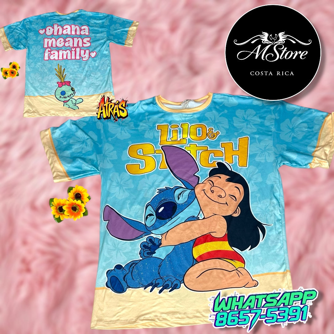 Blusón Oversize Stitch Abrzando a Lilo Celeste Tela piel de Durazno