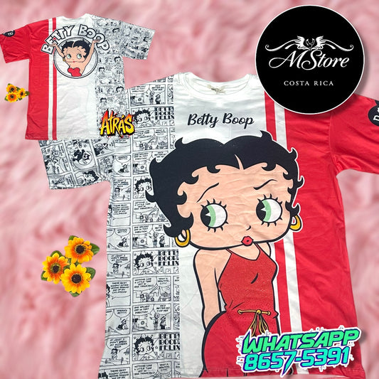 Blusón Oversize Betty Boop Rojo Blanco Tela piel de Durazno