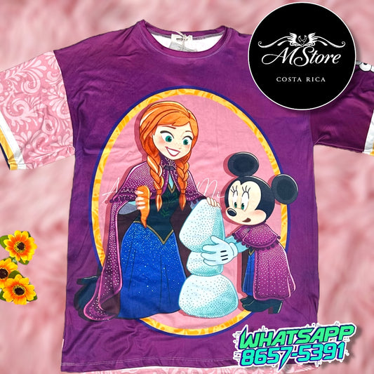 Blusón Oversize Frozen Minnie Morado Tela Piel de Durazno