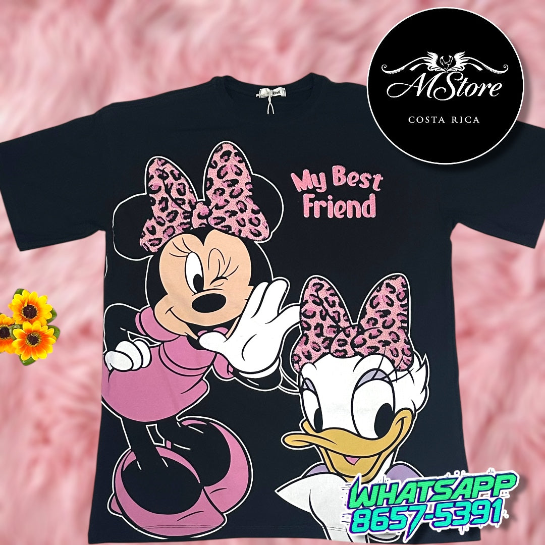 Blusón Oversize Minnie Daisy Chismiando Negro Tela Piel de Fría