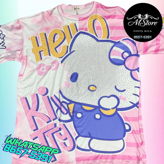 Blusón Oversize HKB Hello Kitty Rayas Rosa Tela Piel de Durazno
