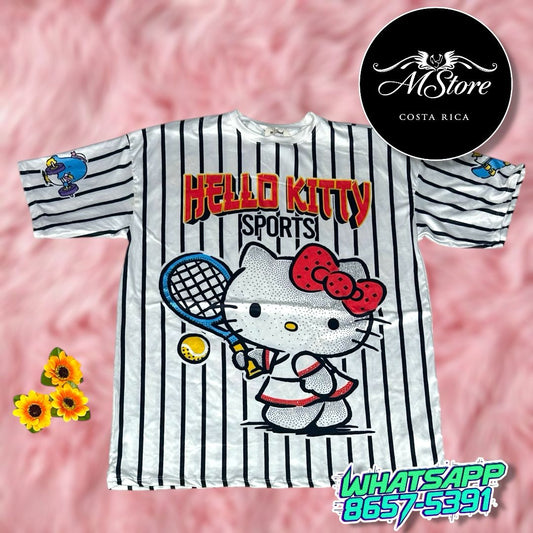 Blusón Oversize Hello Kitty Sport Rayas Blanco Negro Tela piel de Durazno+