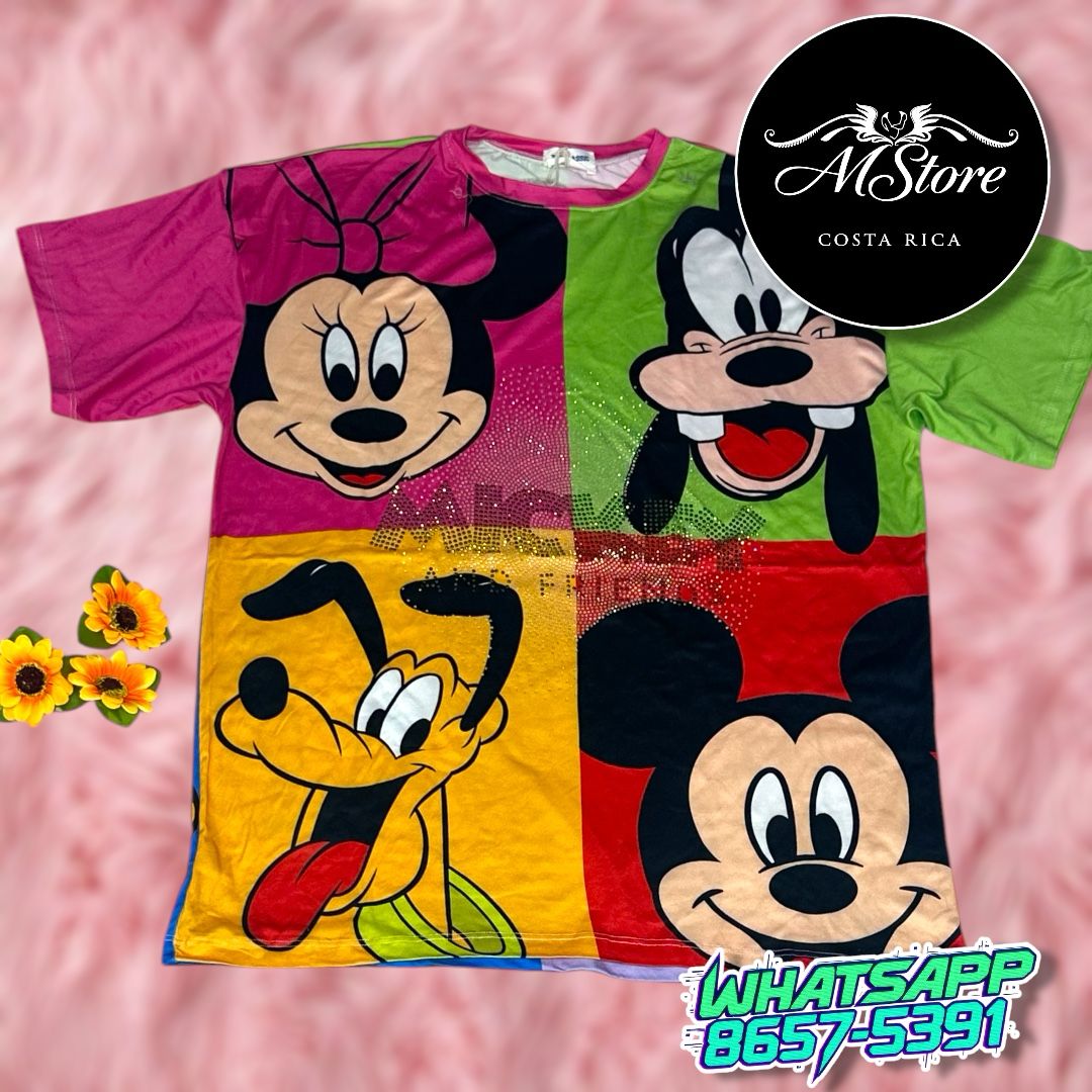 Blusón Oversize Minnie Guffy Pluto Mickey cuadrito Tela piel de Durazno