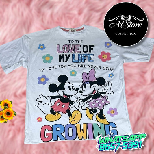 Blusón Oversize Minnie Mickey Love Life Blanco Tela Fría